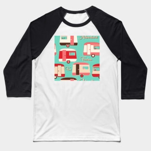 Repeat pattern of cute vintage caravans in retro colours pinks on turquoise Baseball T-Shirt